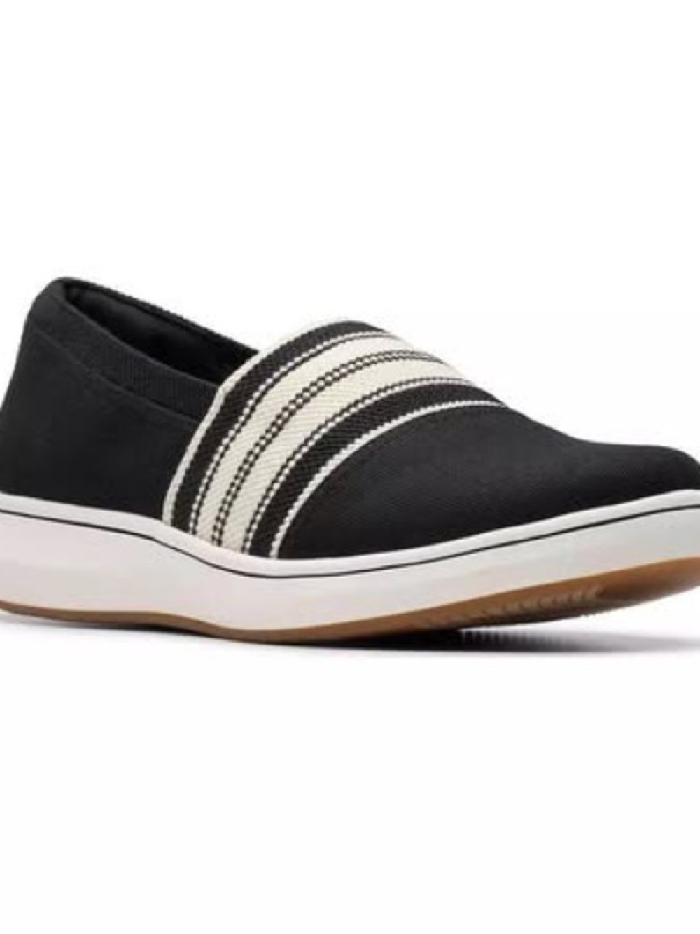 Clarks Black Slip-On Flats with White Striped Band